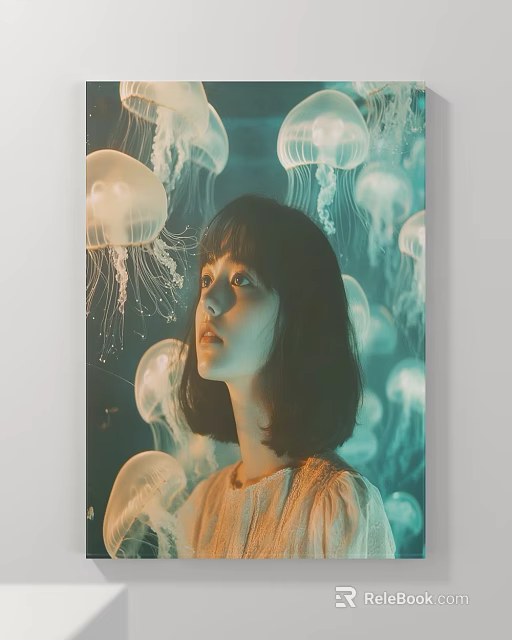 Girl Portrait Painting With Ethereal Jellyfish Background Looking Up And Short Hair 3d model 