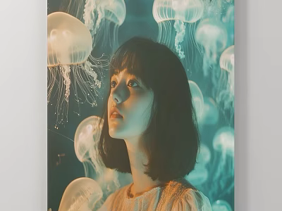 Girl Portrait Painting With Ethereal Jellyfish Background Looking Up And Short Hair 3d model