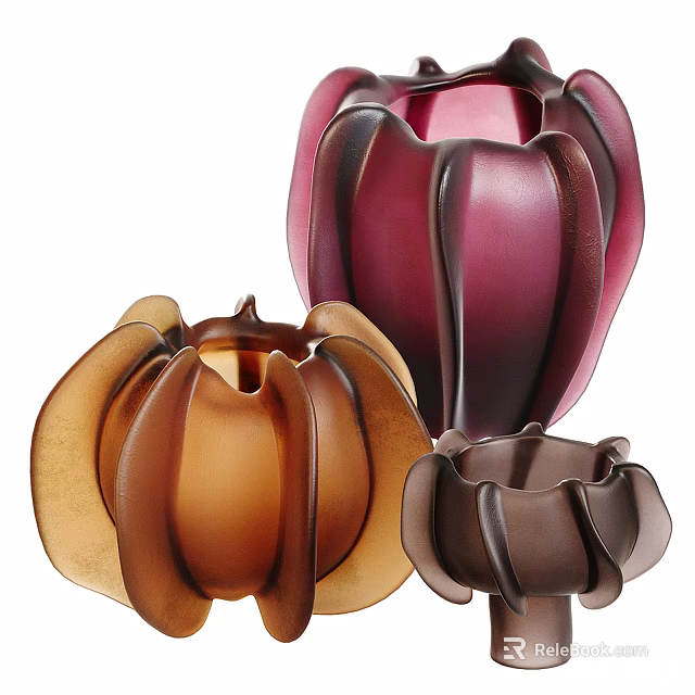 Flower Shaped Glass Decorative Ornament Set in Brown Purple and Dark Brown for Home Decor 3d model 
