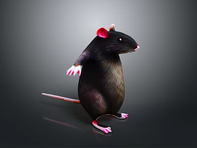 Game Movie Character Mouse Black Body Pink Ears Paws Tail Standing On Gradient Gray Background 3d model