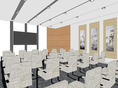 Contemporary Conference Room Setup With White Chairs Projector Screen Wooden Wall And Decorative Paintings 3d model