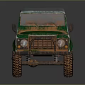 Vintage Rusty Green Off Road Vehicle With Blue Roof And Large Tires