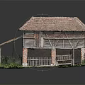 Old Wooden House With Red Tiled Roof Brick Walls Porch Railing And Grass