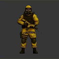 Game Movie Character In Yellow Hazmat Suit With Gas Mask Holding Rifle And Caution Text