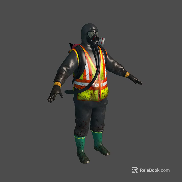 3D Model of Person in Protective Suit With Gas Mask Safety Vest and Green Boots 3d model 