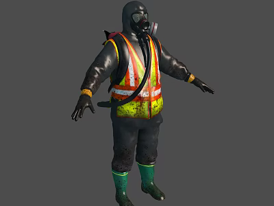 3D Model of Person in Protective Suit With Gas Mask Safety Vest and Green Boots 3d model