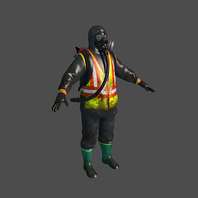 3D Model of Person in Protective Suit With Gas Mask Safety Vest and Green Boots 3d model