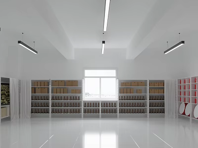 Spacious White Storage Room With Shelves Ceiling Lighting And Large Windows 3d model