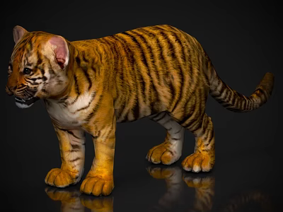 Baby Tiger With Yellow Black Stripes Standing On Black Background With Reflection 3d model