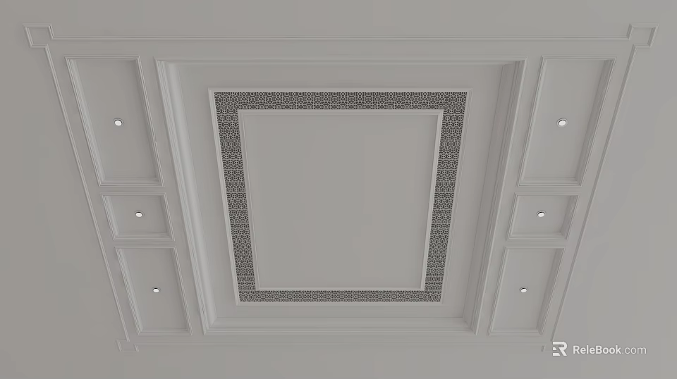 Modern White Ceiling Design With Square Border And Recessed Lights 3d model