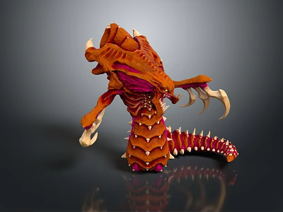 Fierce Fantasy Creature With Orange Pink Exoskeleton Spiked Body Clawed Limbs And Long Tail 3d model