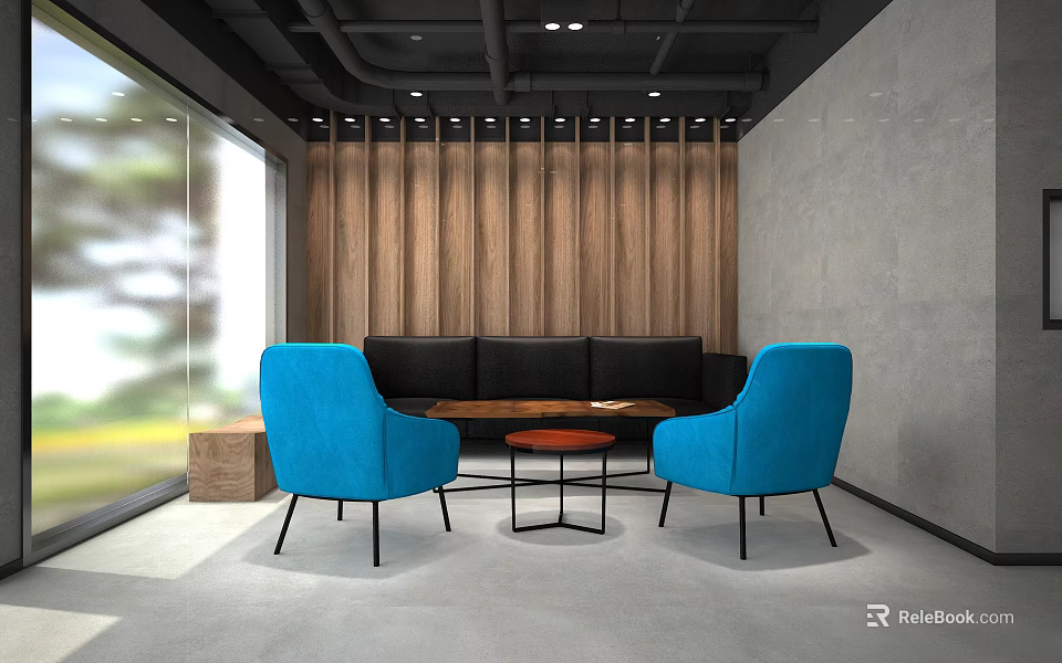 Modern Casual Lounge With Blue Chairs Black Sofa Wooden Backdrop And Large Windows 3d model 