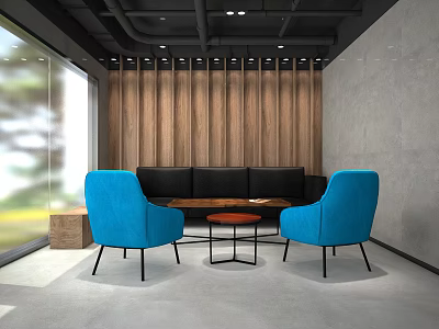 Modern Casual Lounge With Blue Chairs Black Sofa Wooden Backdrop And Large Windows 3d model