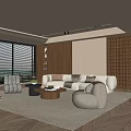 Modern Living Room Interior Featuring Large Windows With Blinds Wooden Bookshelf Sofa And Textured Wall