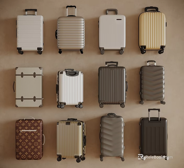 Various Stylish Suitcases In Different Colors And Textured Patterns 3d model 