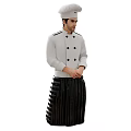 Man In White Chef Hat And Coat With Black Buttons Wearing Black Striped Apron