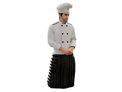 Man In White Chef Hat And Coat With Black Buttons Wearing Black Striped Apron 3d model