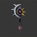 Mystical Crescent Star Magic Staff With Purple Handle Yellow Accents And Central Gemstone