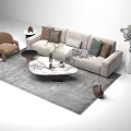 Beige Sofa Coffee Table Set With Marble Top Decorative Pillows And Gray Rug 3d model