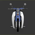 Classic Blue and White Motorcycle with Red Seat and Rearview Mirrors