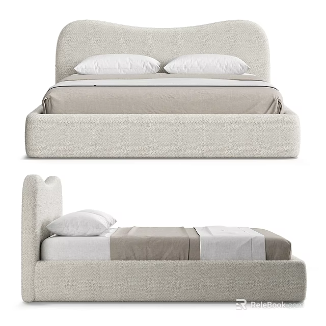 Modern Double Bed Design With Arched Headboard White Pillows And Beige Striped Linen 3d model 