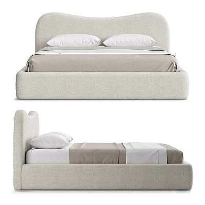 Modern Double Bed Design With Arched Headboard White Pillows And Beige Striped Linen 3d model