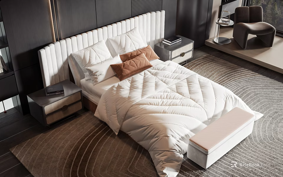 Modern Double Bed With White Headboard Quilted Comforter Brown Pillows Nightstands And Footstool 3d model 