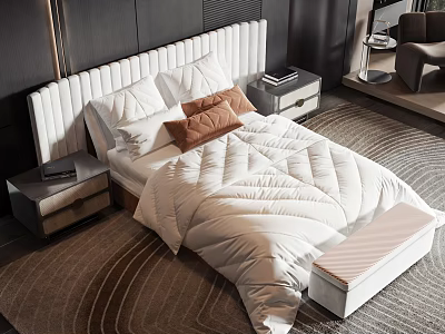 Modern Double Bed With White Headboard Quilted Comforter Brown Pillows Nightstands And Footstool 3d model