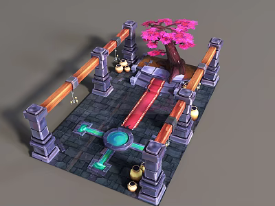 Ancient Courtyard 3D Model With Pink Cherry Blossom Tree Stone Path Lanterns And Blue Pond 3d model
