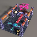 Ancient Courtyard 3D Model With Pink Cherry Blossom Tree Stone Path Lanterns And Blue Pond