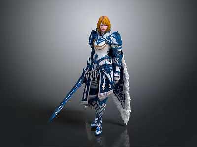 Blonde Haired Fantasy Warrior In Blue And White Armor With Long Sword 3d model