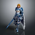Blonde Haired Fantasy Warrior In Blue And White Armor With Long Sword