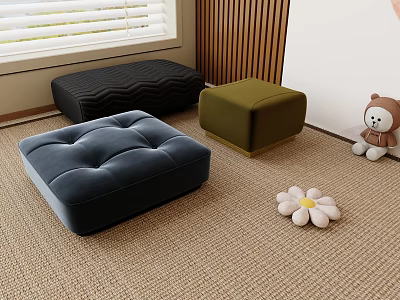 Navy Black Green Velvet Tufted Footstools With Plush Bear Daisy Decoration Wooden Wall Carpeted Floor 3d model