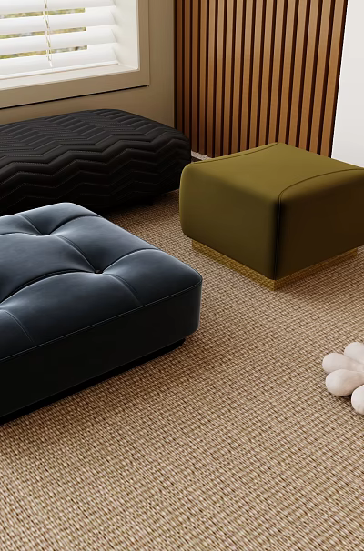 Navy Black Green Velvet Tufted Footstools With Plush Bear Daisy Decoration Wooden Wall Carpeted Floor 3d model