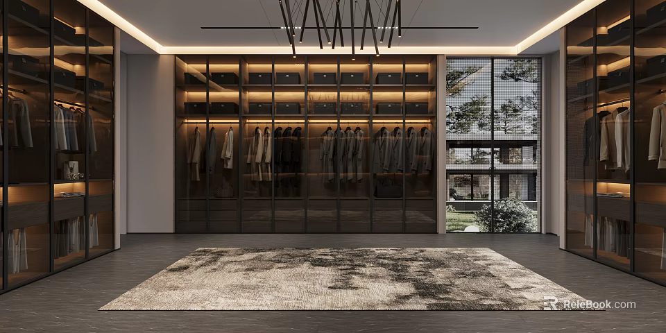 Modern Walk in Closet Interior With Glass Door Cabinets Hanging Clothes And Area Rug 3d model 
