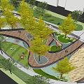 Modern Park Landscape with Winding Wooden Walkways Green Trees and People Walking and Water Features