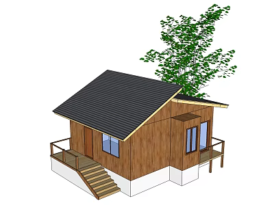 Wooden House Exterior With Black Roof Stairs Porch and Green Tree 3d model