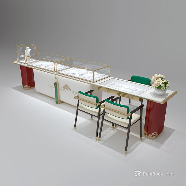 Elegant Jewelry Display Shelves with Glass Cases Red Pillars Green Chairs and Flower Vase 3d model 