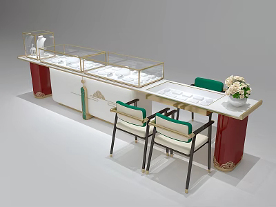 Elegant Jewelry Display Shelves with Glass Cases Red Pillars Green Chairs and Flower Vase 3d model