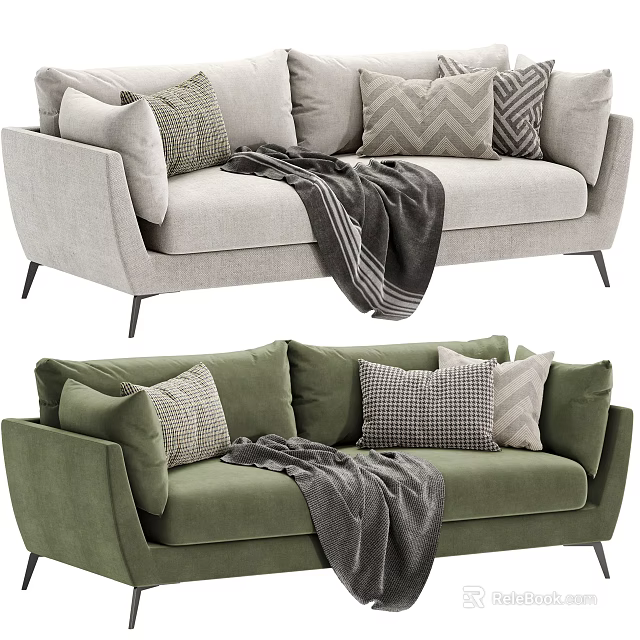 Light Gray and Green Two Seater Sofas with Patterned Cushions and Gray Striped Blanket 3d model