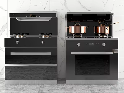 Modern Black Kitchen Appliances With Gas Stoves Range Hoods And Copper Pans 3d model