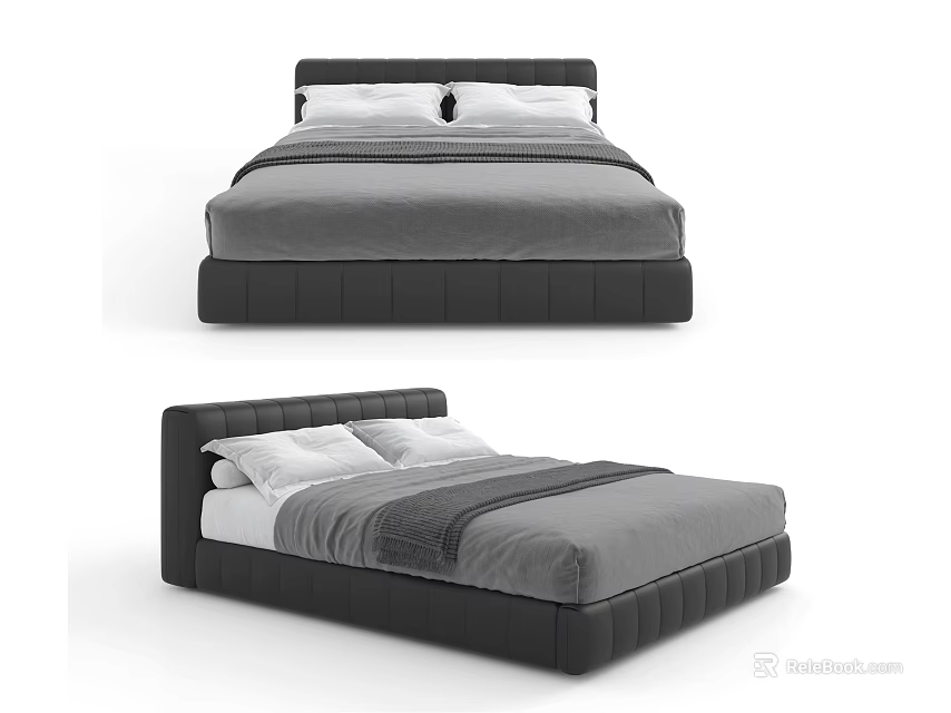 Modern Double Bed With Black Frame Gray Bedding And White Pillows 3d model