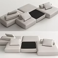Light Colored Fabric Modular Sectional Sofa With Black Center Table And Cushions 3d model