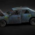 Old Rusty Car With Open Hood And Doors Showing Worn Engine And Weathered Exterior