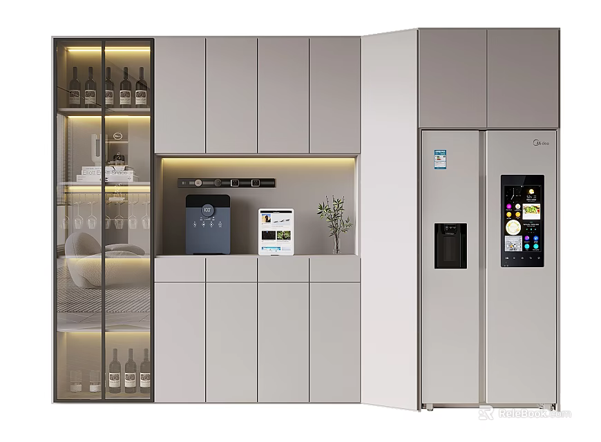 Modern Wine Cabinet With Glass Door Built-in Lighting And Gray Cabinetry In Kitchen Storage 3d model 
