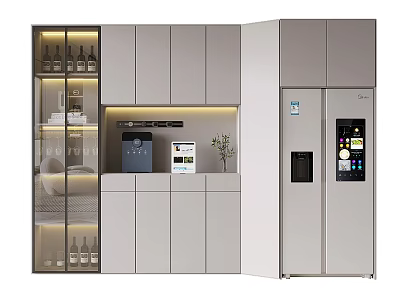Modern Wine Cabinet With Glass Door Built-in Lighting And Gray Cabinetry In Kitchen Storage 3d model