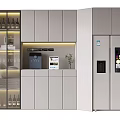 Modern Wine Cabinet With Glass Door Built-in Lighting And Gray Cabinetry In Kitchen Storage