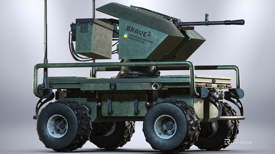 BRUEL1 Unmanned Green Weapon Platform With Multi Wheeled Design And Mounted Gun 3d model 