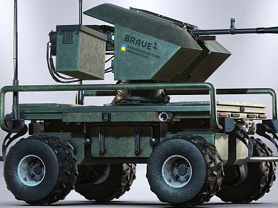 BRUEL1 Unmanned Green Weapon Platform With Multi Wheeled Design And Mounted Gun 3d model
