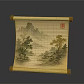 Traditional Chinese Landscape Scroll With Mountains Trees Cottage And Red Seal